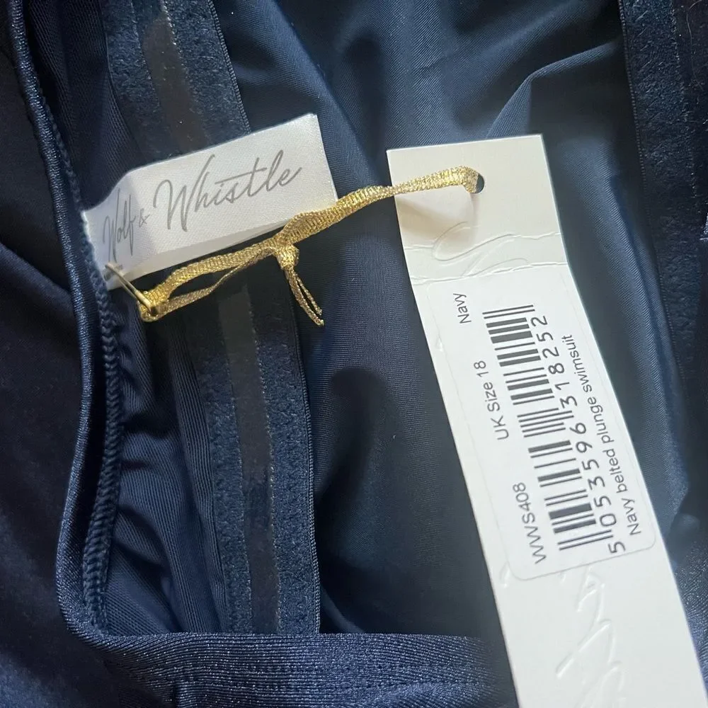 Wolf & Whistle Navy Belted Plunge Swimsuit Curve size 14